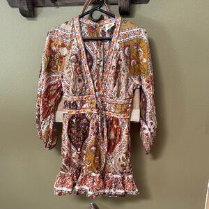 FARM Rio V‑Neck Tie‑Waist Mini Dress — Red, Orange, Yellow Paisley